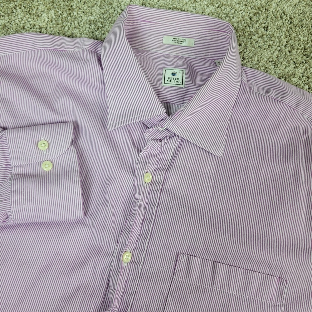 Peter Millar Mens Large Purple White Striped Button Up Long Sleeve